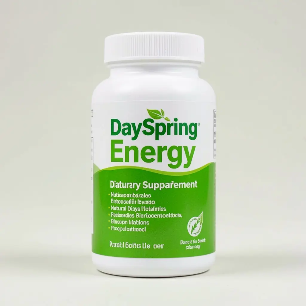DaySpring Energy natural dietary supplement bottle with green label on a light background